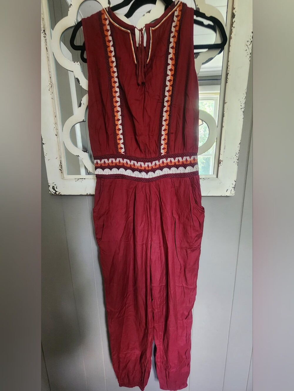 Women's Sleeveless Burgundy Jumpsuit with Embroidered Waist